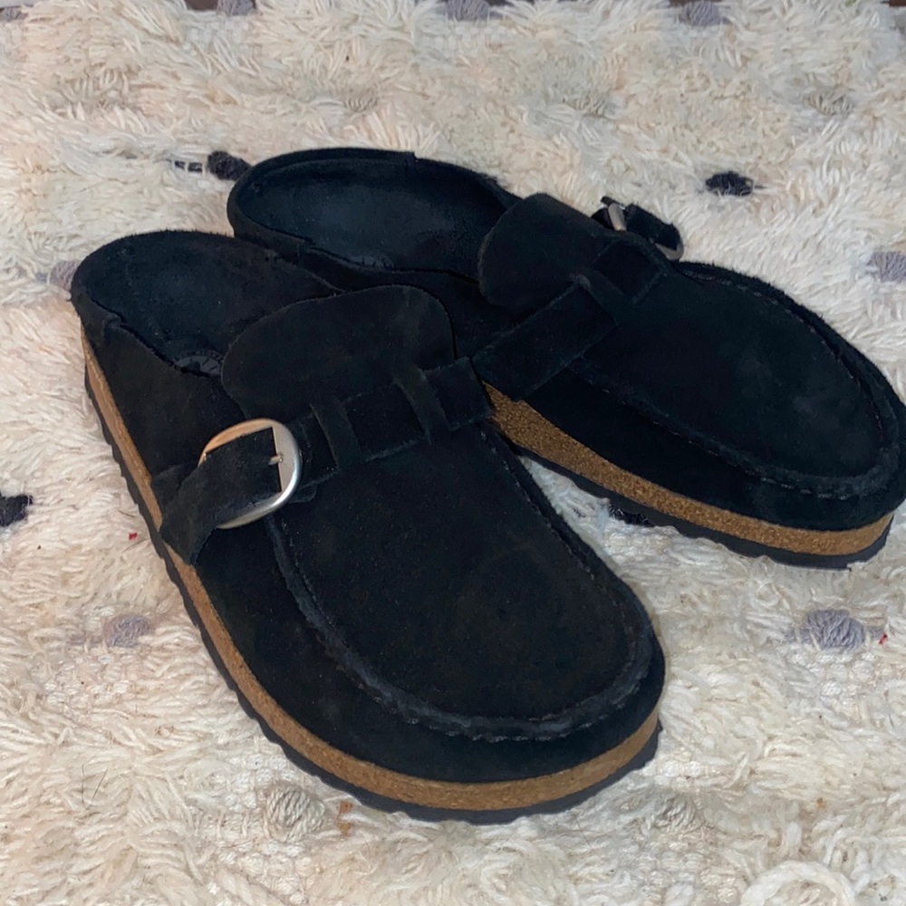 Birkenstock Black Suede Slides with Top Buckle